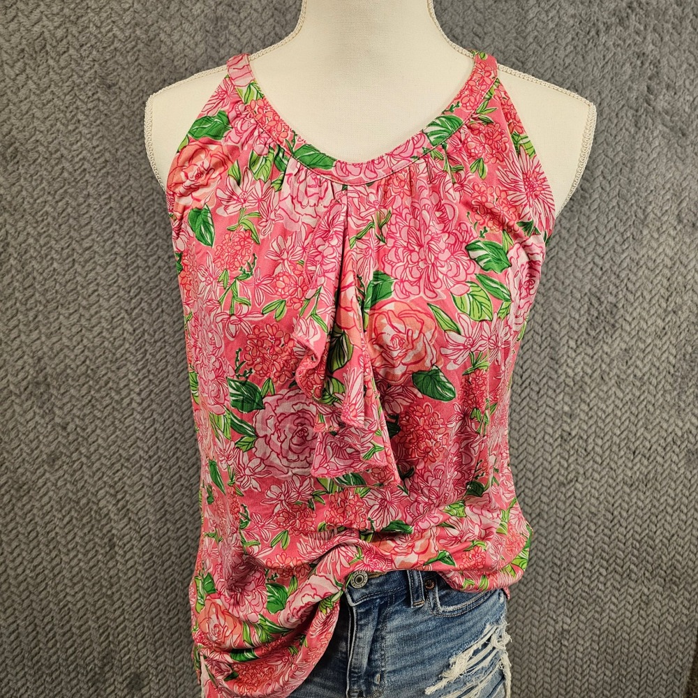 Lilly Pulitzer Pink Floral 100% Silk Ruffle Front Sleeveless Blouse Top Size 12